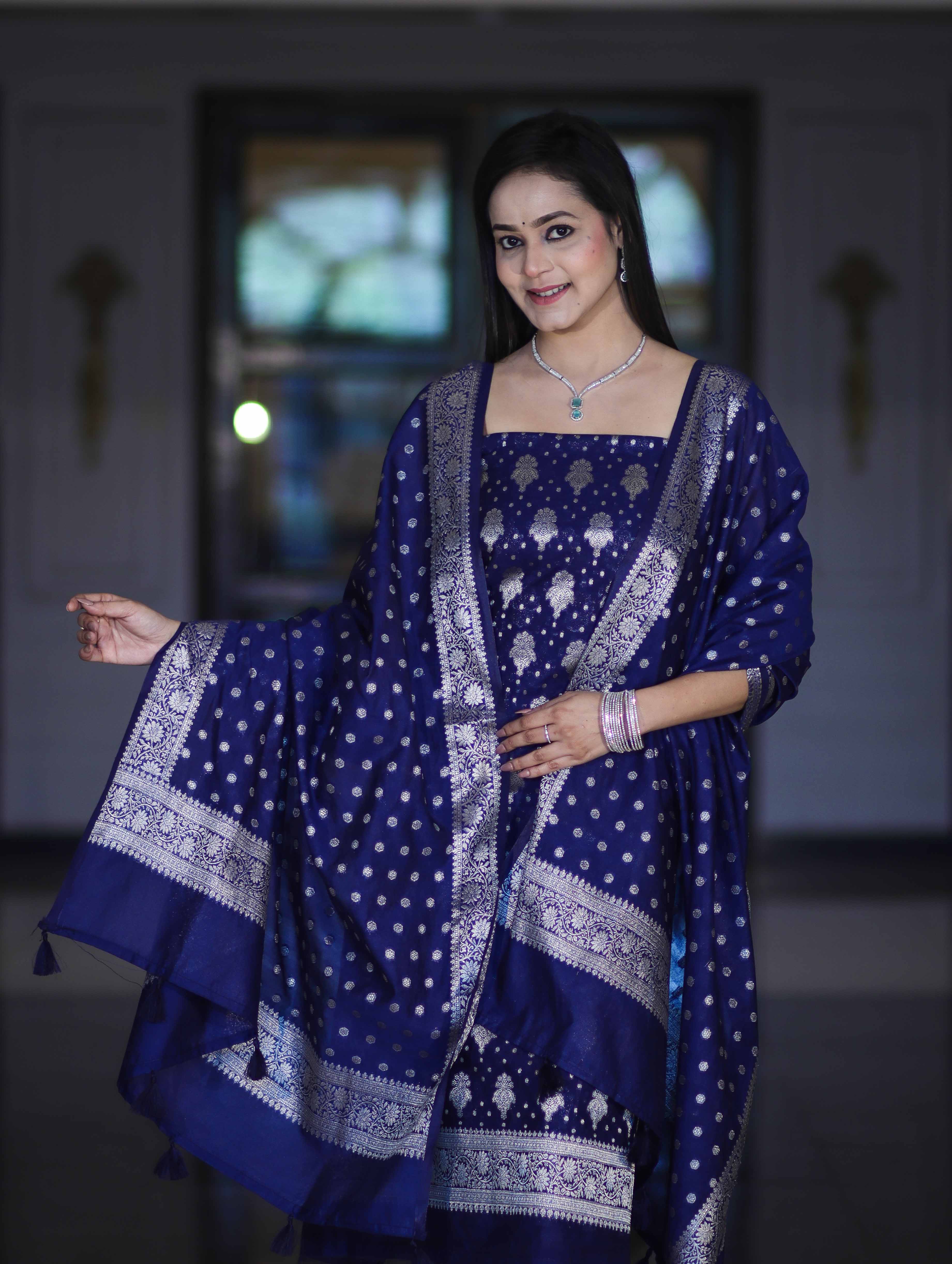Banarasee Faux Georgette Zari Work Salwar Kameez Fabric With Dupatta Set-Blue