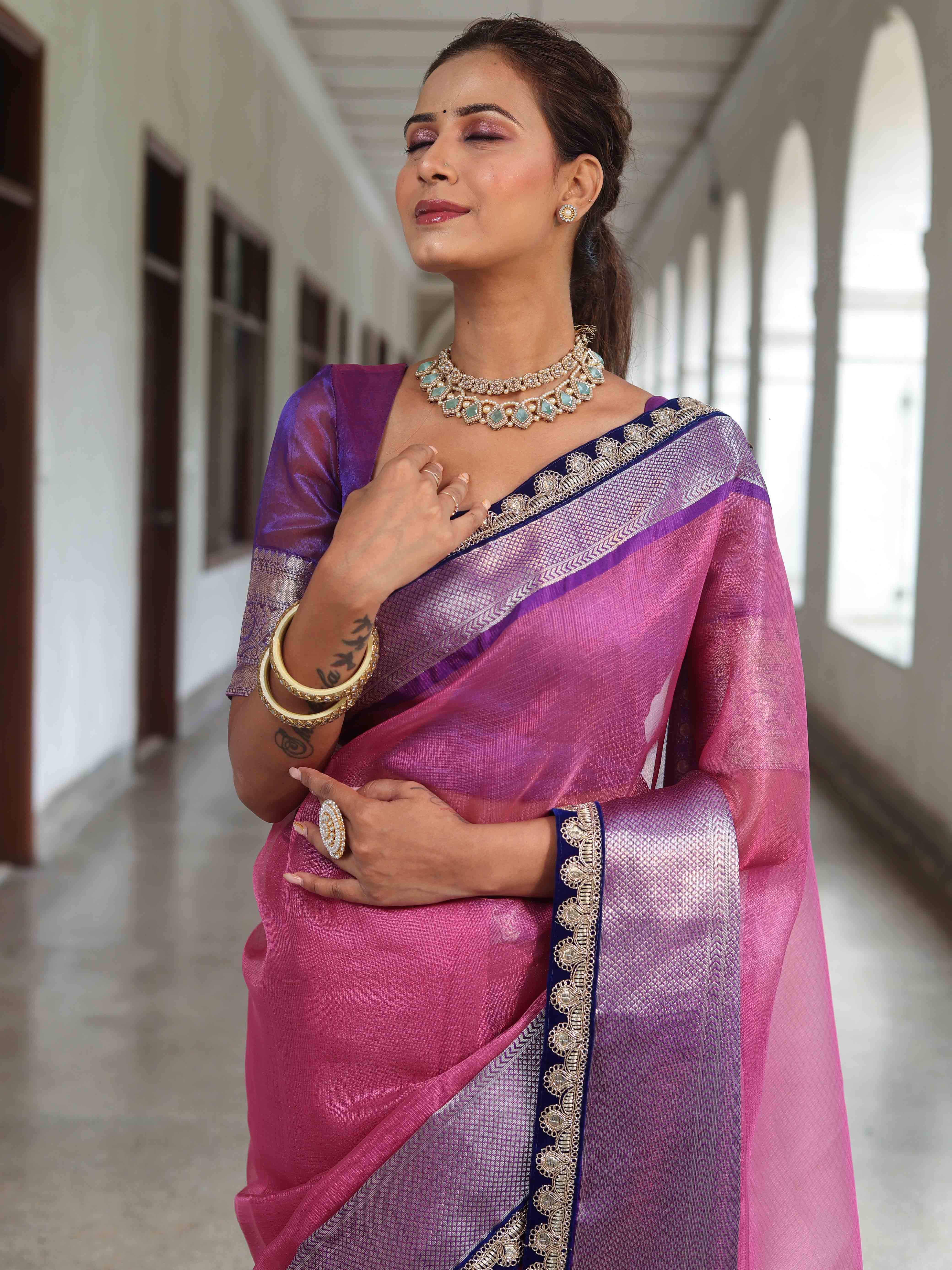 Banarasee Handwoven Plain Tissue Saree With Contrast Border & Lace-Baby Pink & Violet