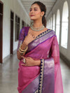 Banarasee Handwoven Plain Tissue Saree With Contrast Border & Lace-Baby Pink & Violet
