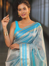 Banarasee Handwoven Plain Tissue Saree With Zari Border-Blue
