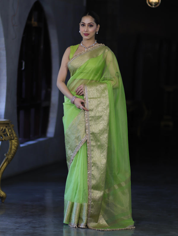 Banarasee Handloom Organza Mix Plain Saree With Zari Border & Lace-Lime Green