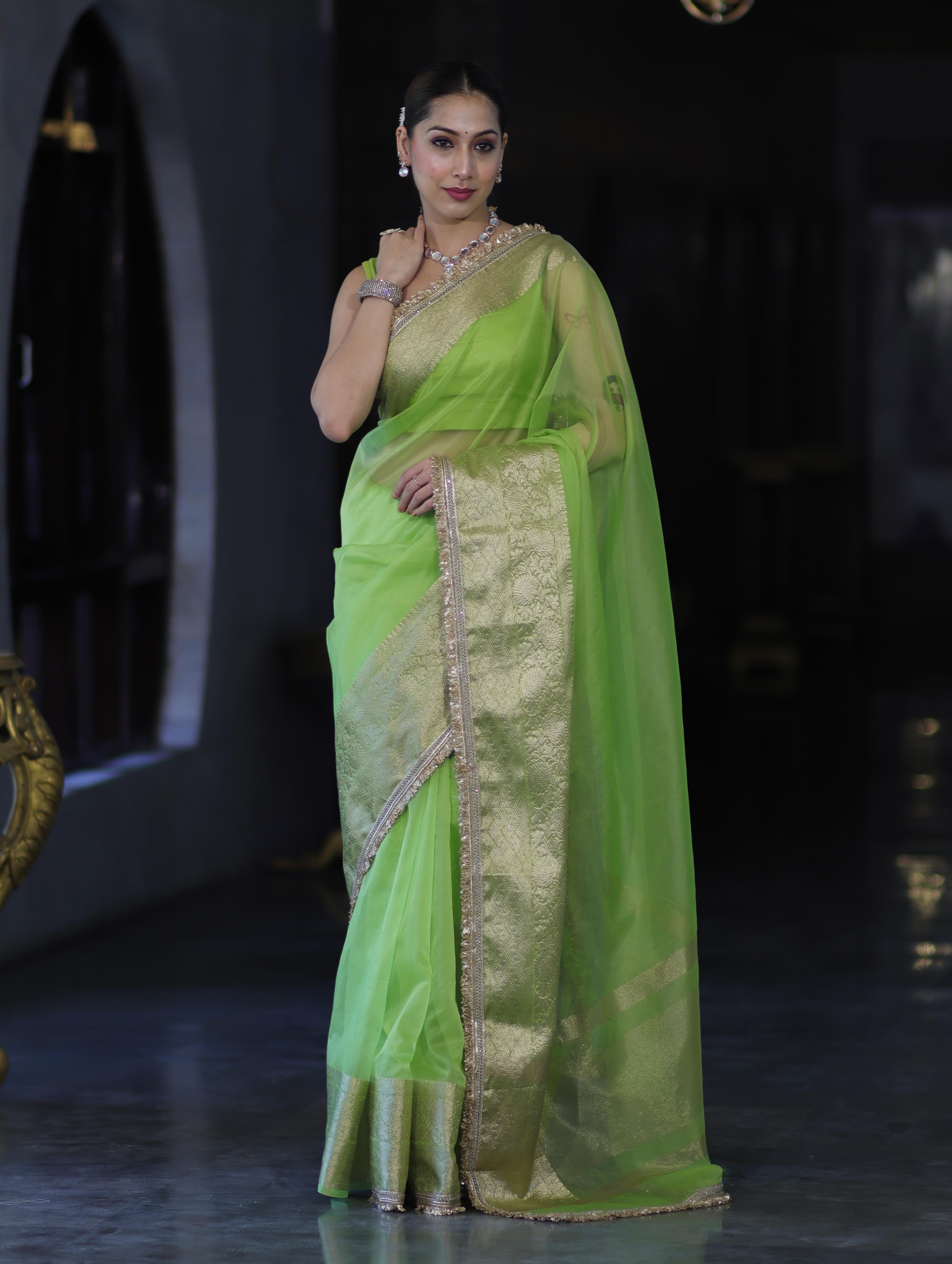 Banarasee Handloom Organza Mix Plain Saree With Zari Border & Lace-Lime Green