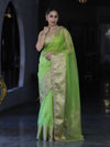 Banarasee Handloom Organza Mix Plain Saree With Zari Border & Lace-Lime Green