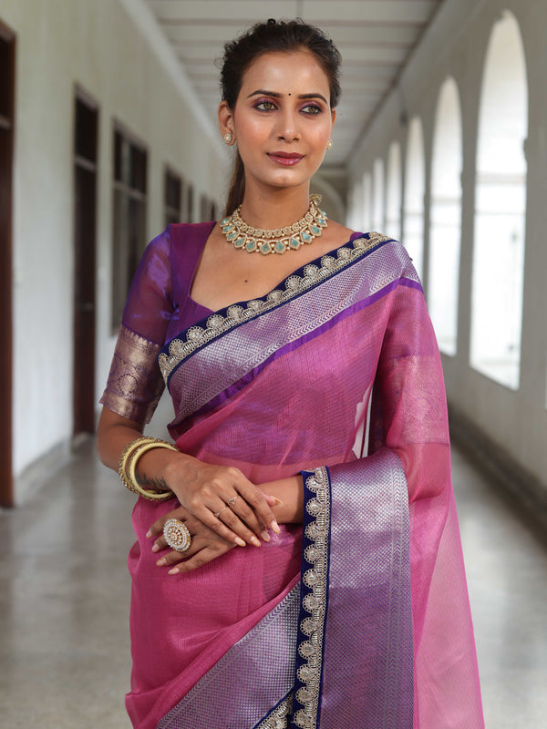 Banarasee Handwoven Plain Tissue Saree With Contrast Border & Lace-Baby Pink & Violet
