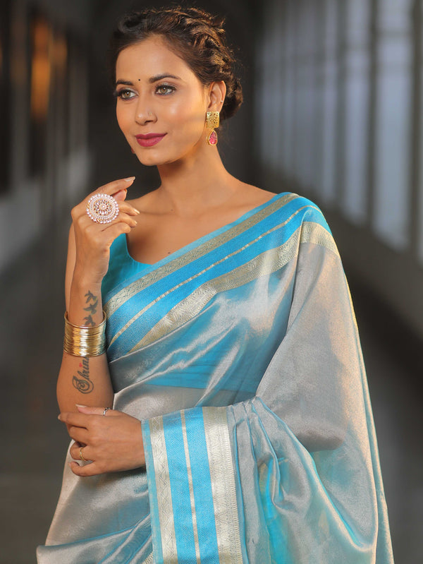 Banarasee Handwoven Plain Tissue Saree With Zari Border-Blue