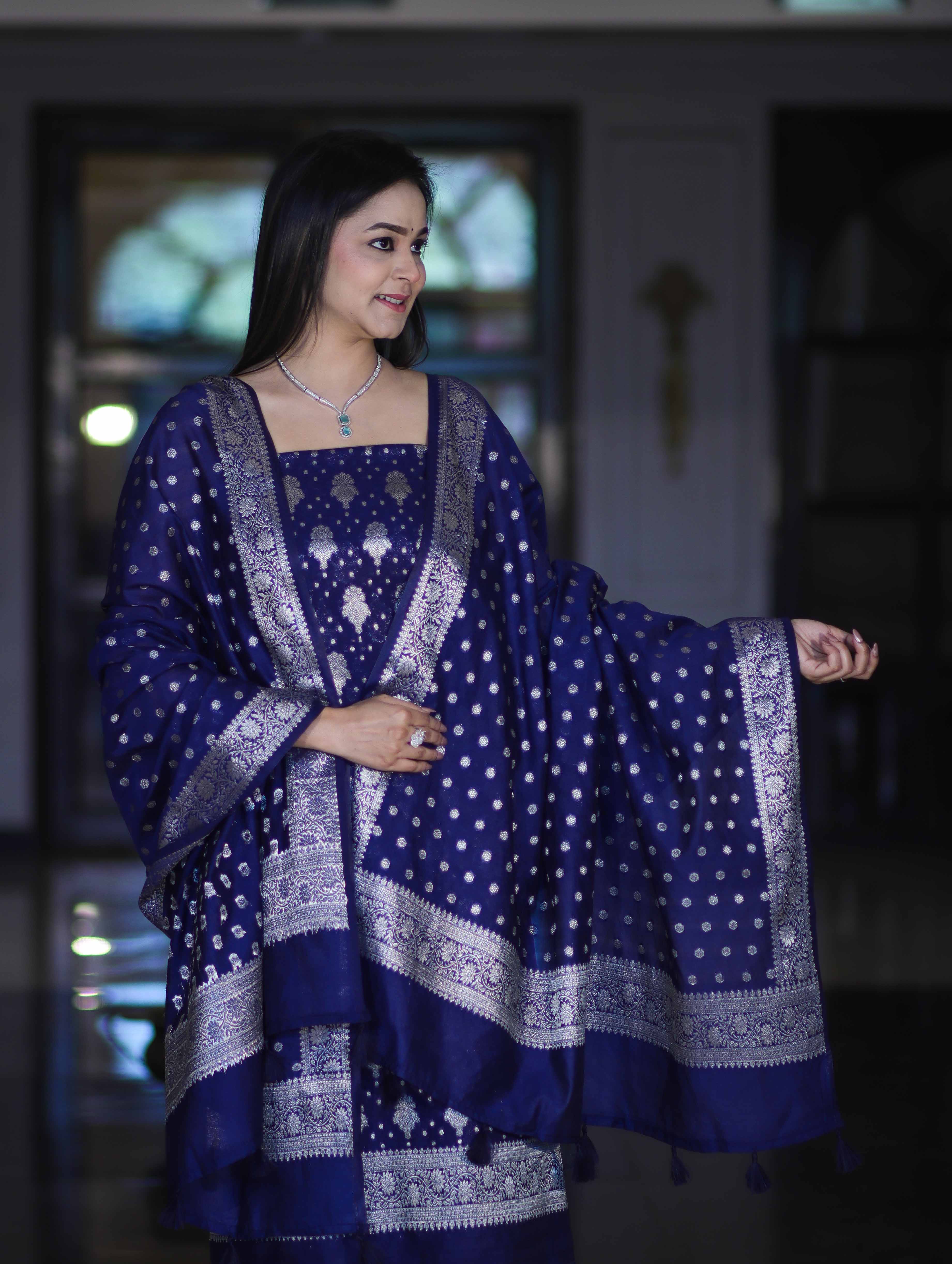 Banarasee Faux Georgette Zari Work Salwar Kameez Fabric With Dupatta Set-Blue