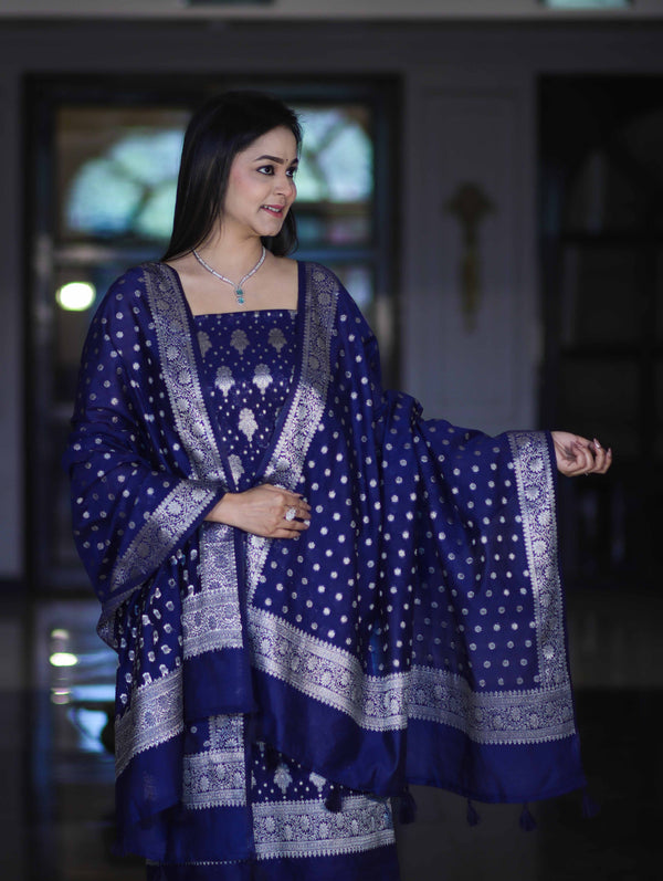 Banarasee Faux Georgette Zari Work Salwar Kameez Fabric With Dupatta Set-Blue