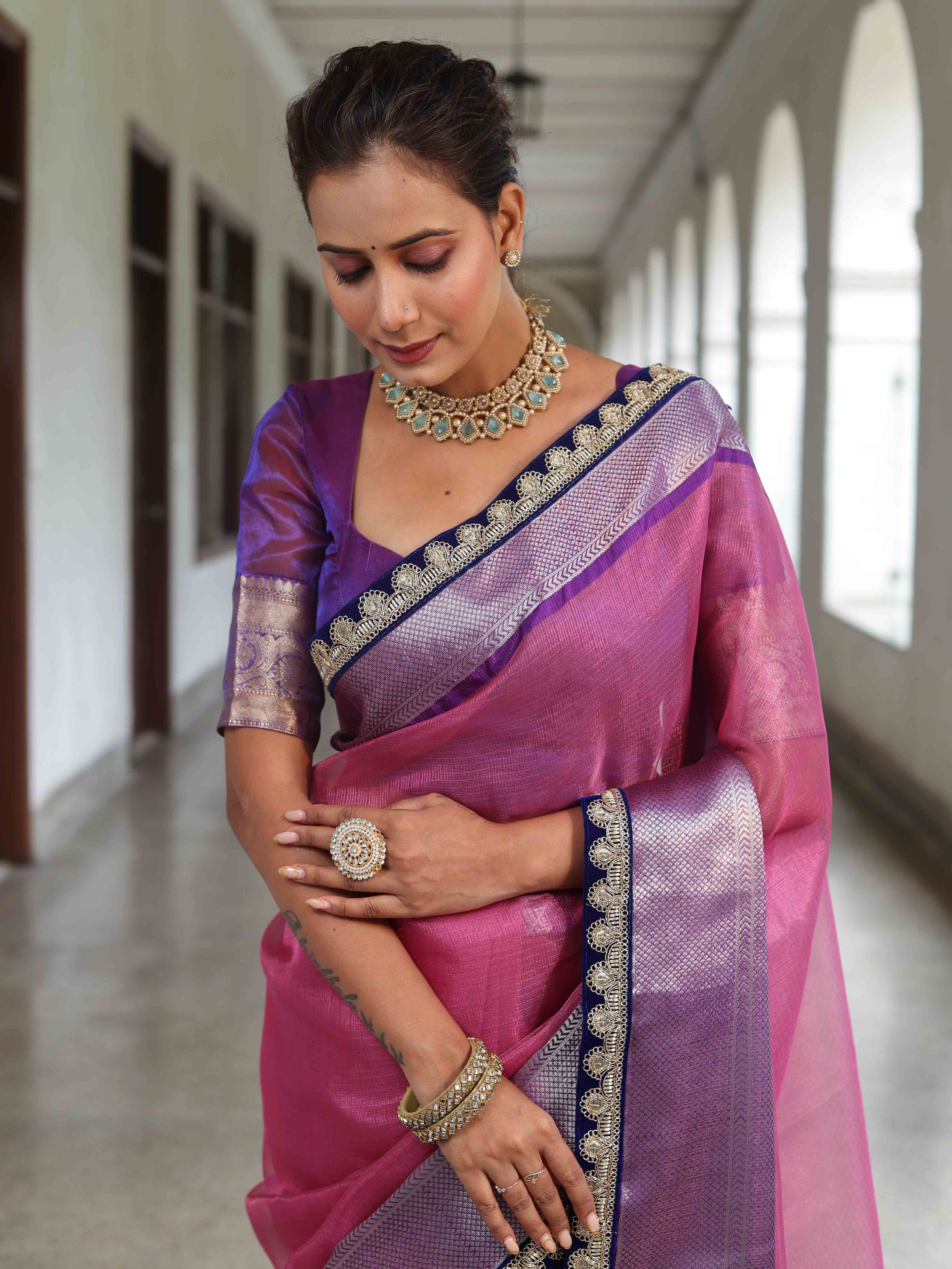 Banarasee Handwoven Plain Tissue Saree With Contrast Border & Lace-Baby Pink & Violet