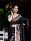 Banarasee Handwoven Faux Georgette Saree With Antique Zari Work Floral Border & Lace-Black