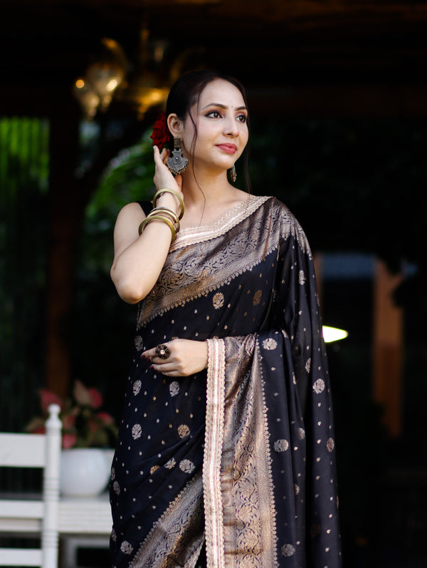 Banarasee Handwoven Faux Georgette Saree With Antique Zari Work Floral Border & Lace-Black