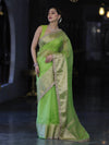 Banarasee Handloom Organza Mix Plain Saree With Zari Border & Lace-Lime Green