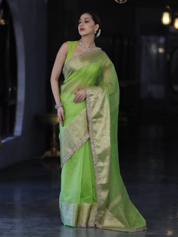 Banarasee Handloom Organza Mix Plain Saree With Zari Border & Lace-Lime Green
