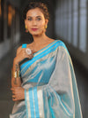 Banarasee Handwoven Plain Tissue Saree With Zari Border-Blue