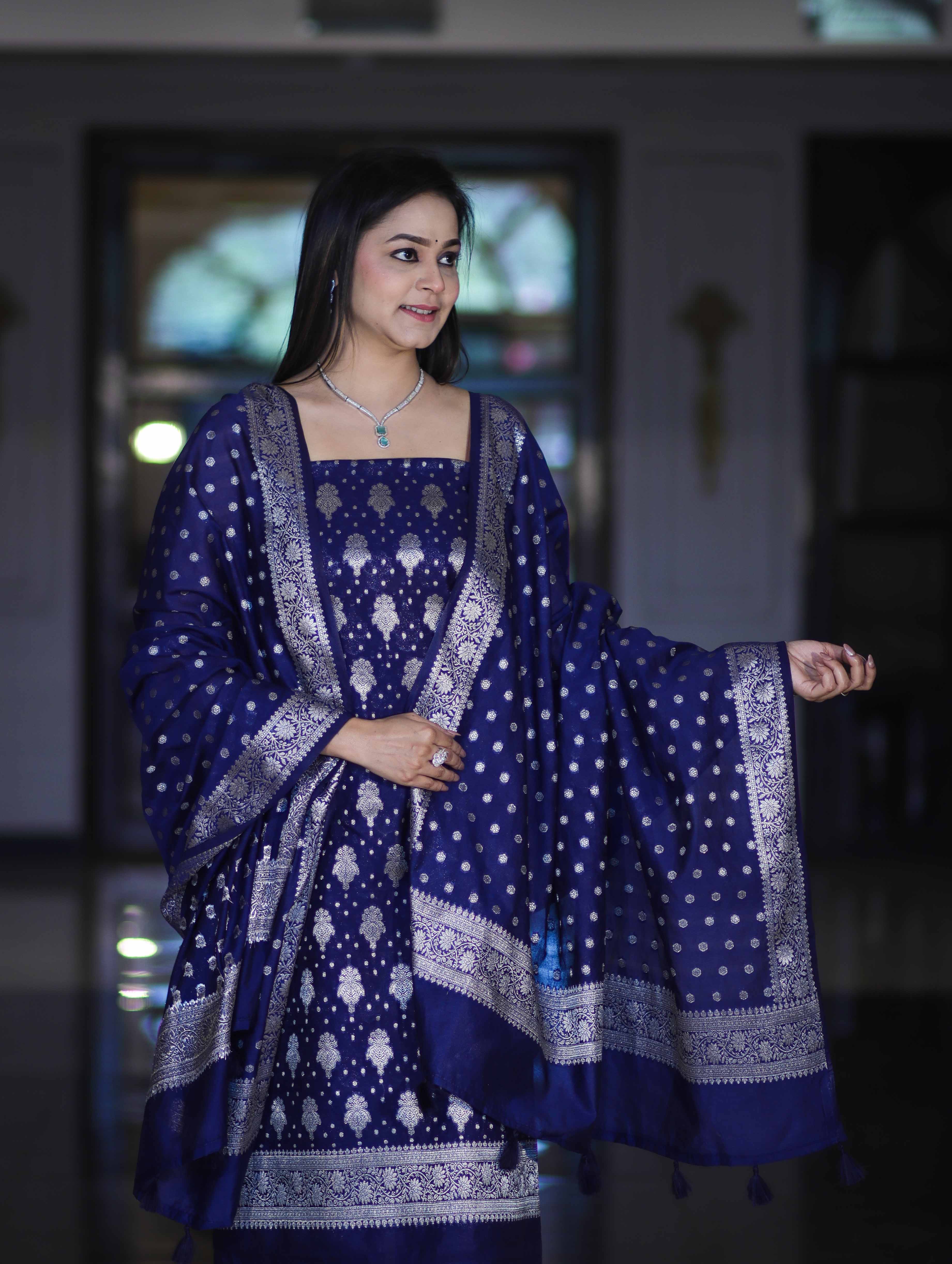 Banarasee Faux Georgette Zari Work Salwar Kameez Fabric With Dupatta Set-Blue