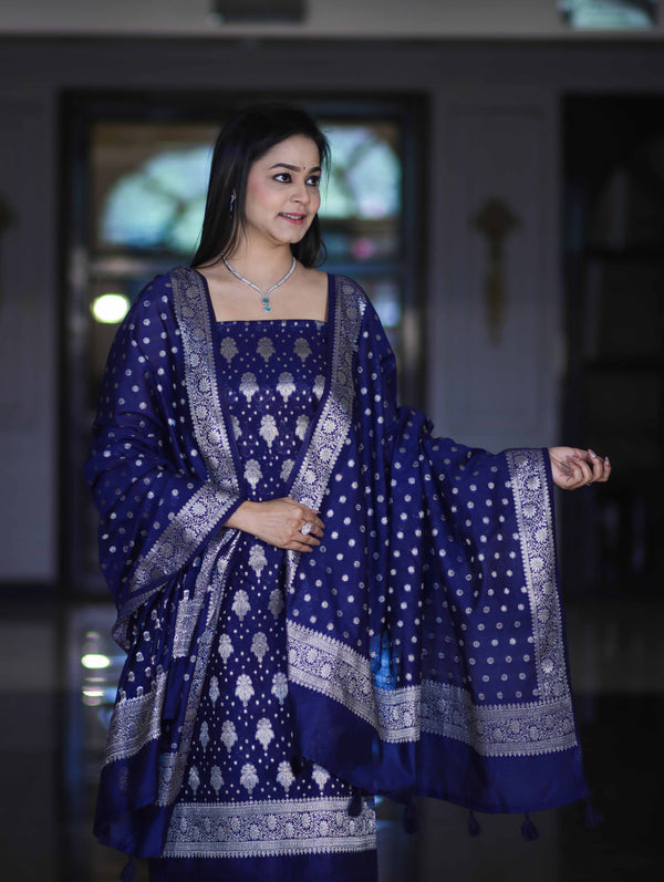 Banarasee Faux Georgette Zari Work Salwar Kameez Fabric With Dupatta Set-Blue