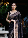 Banarasee Handwoven Faux Georgette Saree With Antique Zari Work Floral Border & Lace-Black