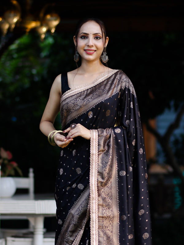 Banarasee Handwoven Faux Georgette Saree With Antique Zari Work Floral Border & Lace-Black