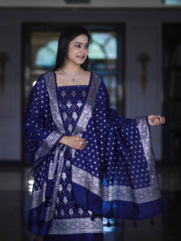 Banarasee Faux Georgette Zari Work Salwar Kameez Fabric With Dupatta Set-Blue