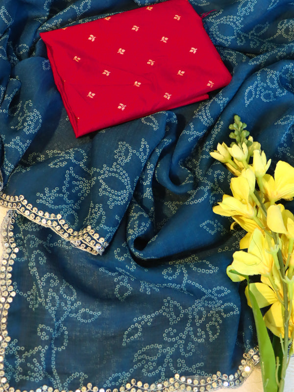 Banarasee Chiffon Bandhani Print Saree & Hand Work With Contrast Blouse-Teal Blue