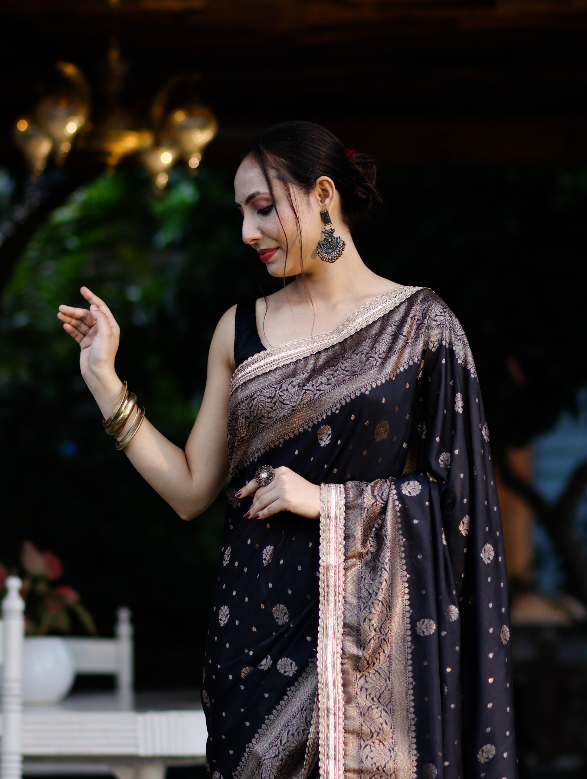 Banarasee Handwoven Faux Georgette Saree With Antique Zari Work Floral Border & Lace-Black