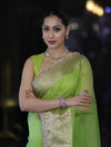 Banarasee Handloom Organza Mix Plain Saree With Zari Border & Lace-Lime Green
