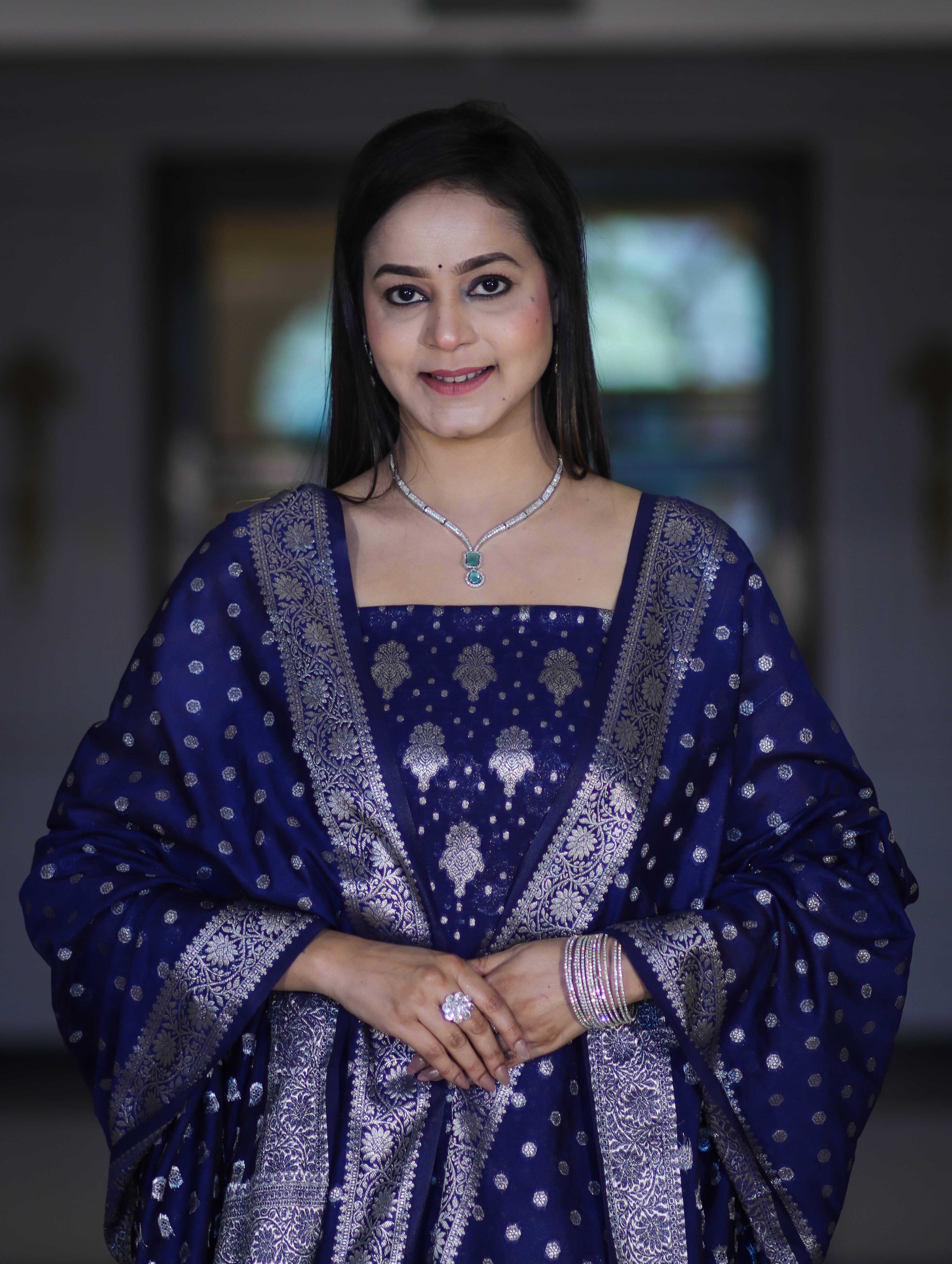 Banarasee Faux Georgette Zari Work Salwar Kameez Fabric With Dupatta Set-Blue