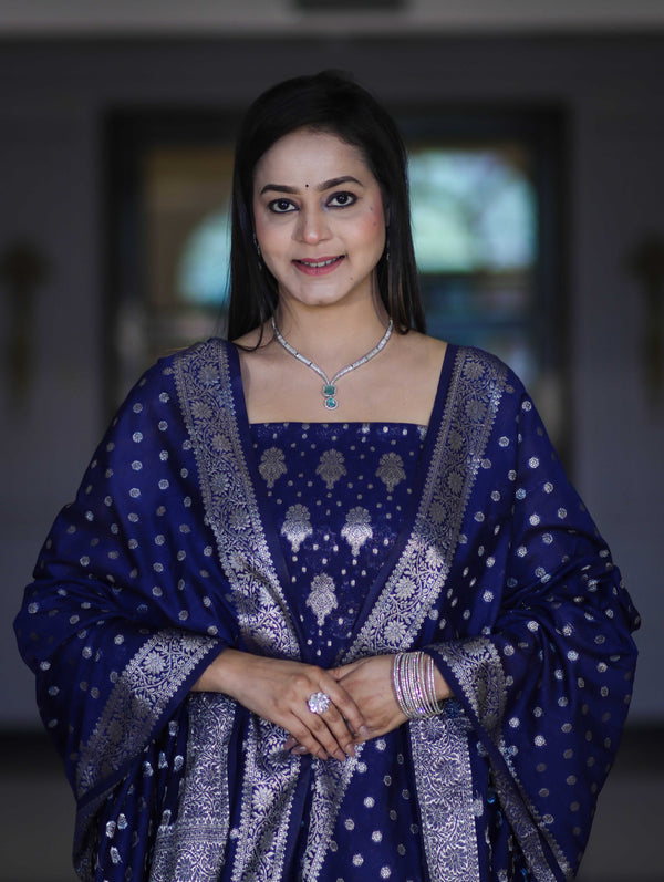 Banarasee Faux Georgette Zari Work Salwar Kameez Fabric With Dupatta Set-Blue