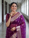 Banarasee Organza Mix Saree With Zari Buta Design & Floral Border-Purple
