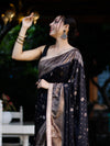 Banarasee Handwoven Faux Georgette Saree With Antique Zari Work Floral Border & Lace-Black