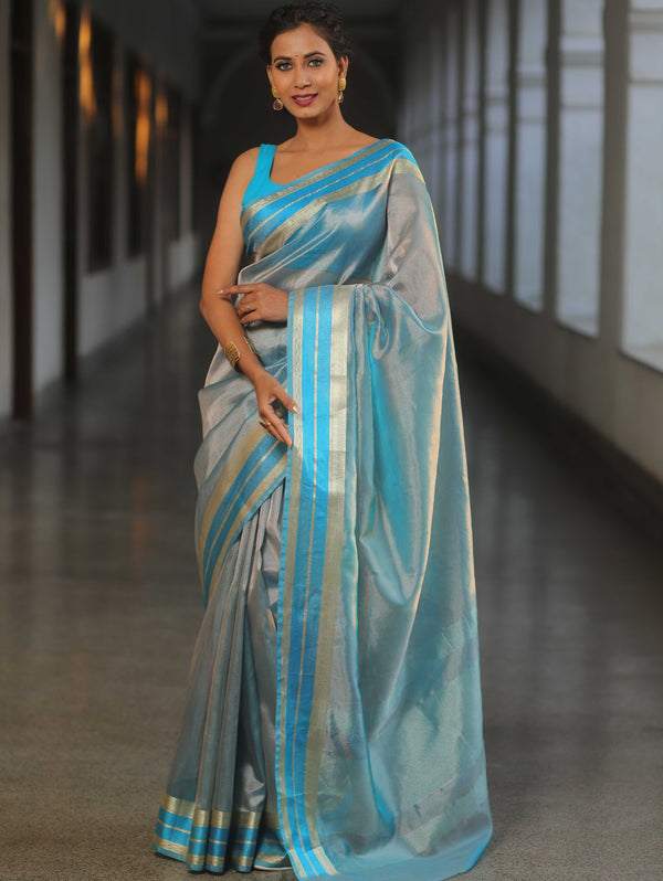 Banarasee Handwoven Plain Tissue Saree With Zari Border-Blue