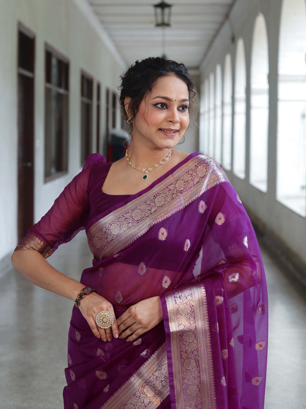 Banarasee Organza Mix Saree With Zari Buta Design & Floral Border-Purple