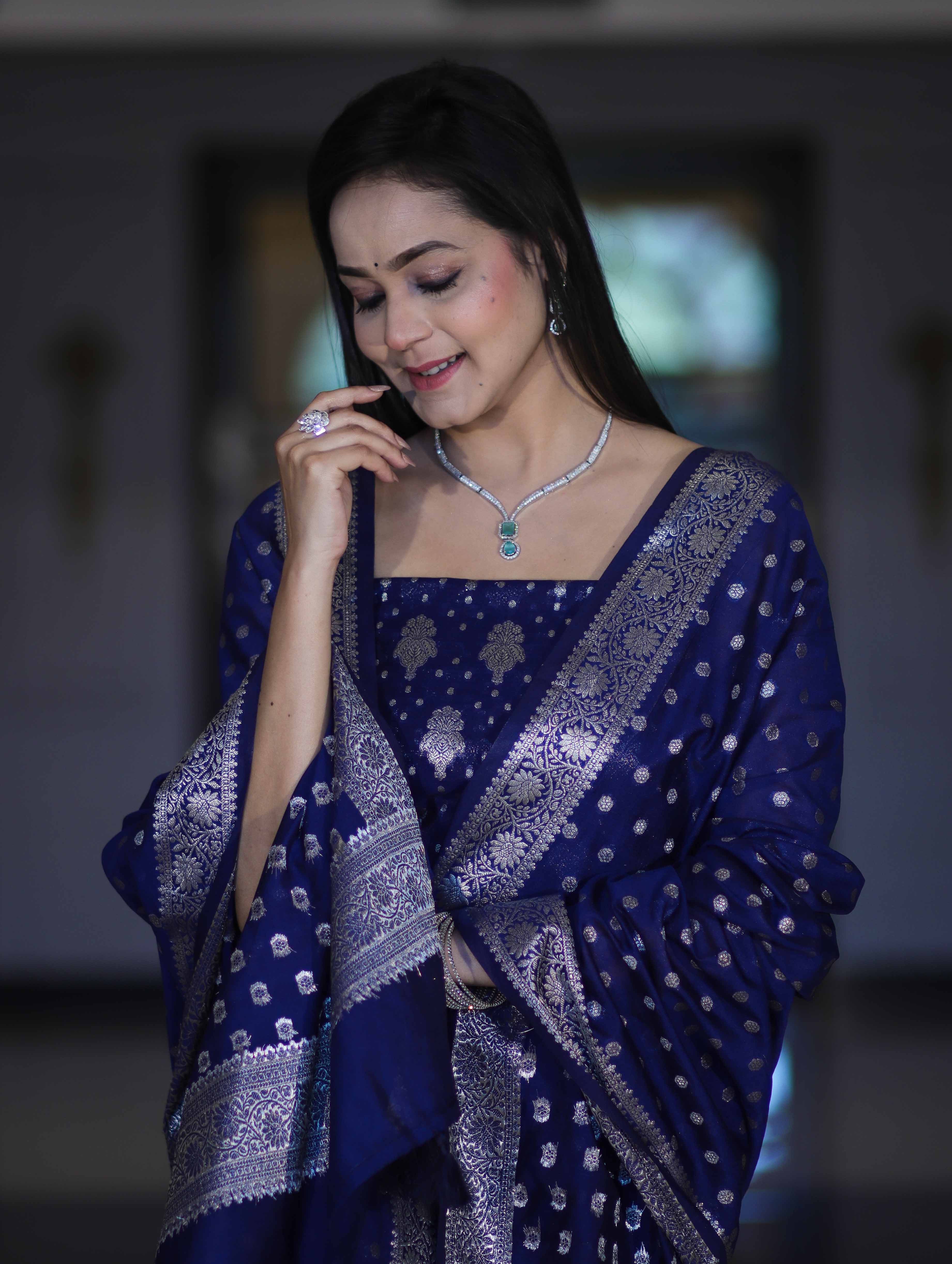 Banarasee Faux Georgette Zari Work Salwar Kameez Fabric With Dupatta Set-Blue