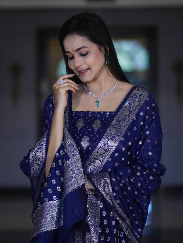 Banarasee Faux Georgette Zari Work Salwar Kameez Fabric With Dupatta Set-Blue