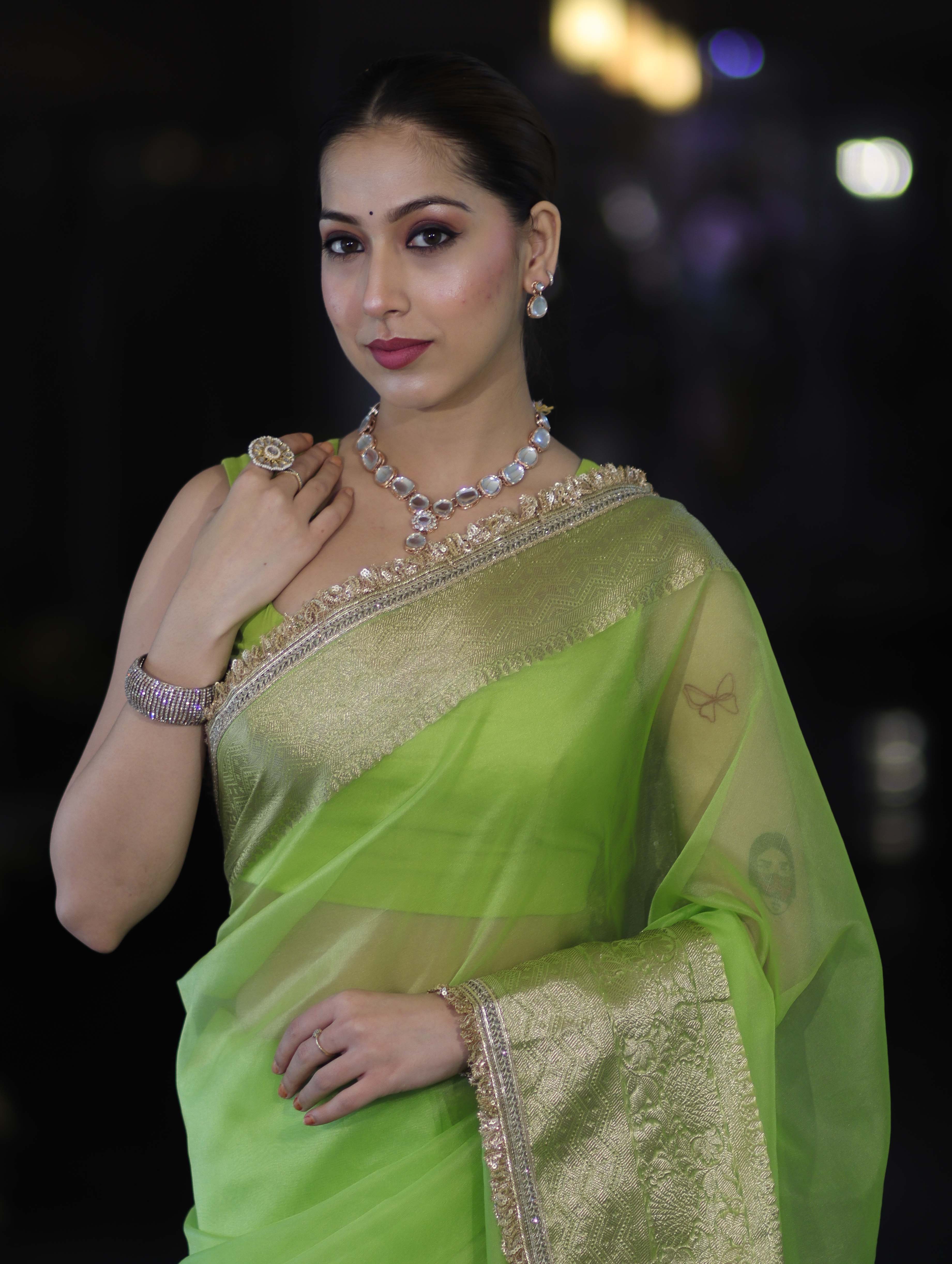 Banarasee Handloom Organza Mix Plain Saree With Zari Border & Lace-Lime Green