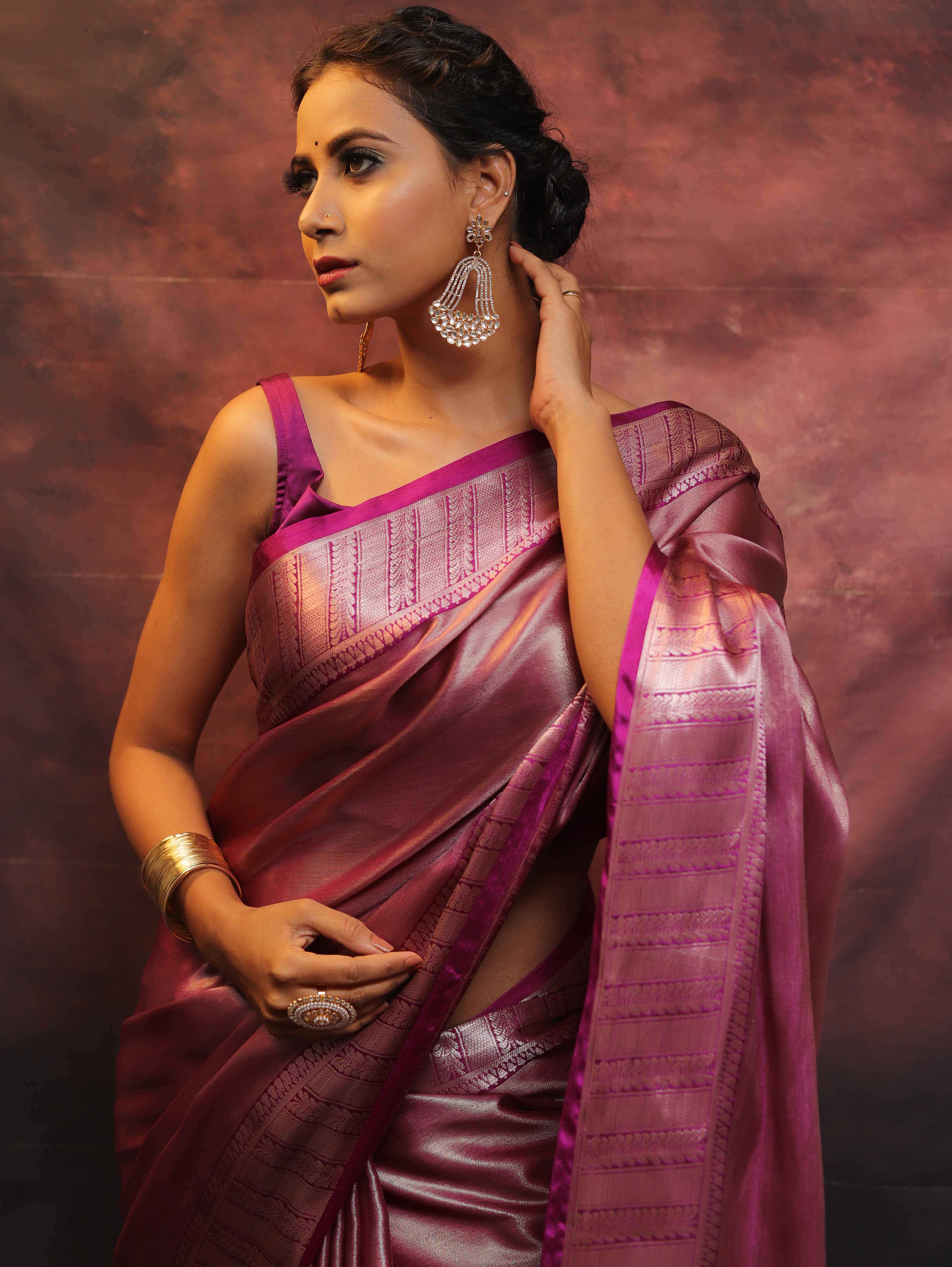 Banarasee Handwoven Tissue Silver Zari Saree-Magenta
