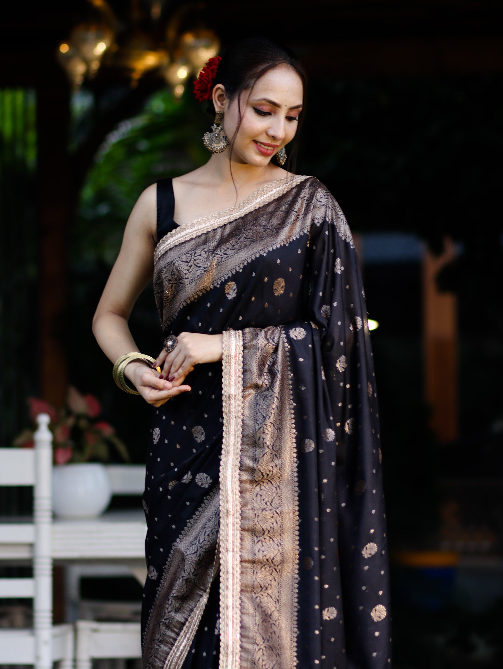 Banarasee Handwoven Faux Georgette Saree With Antique Zari Work Floral Border & Lace-Black