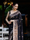 Banarasee Handwoven Faux Georgette Saree With Antique Zari Work Floral Border & Lace-Black
