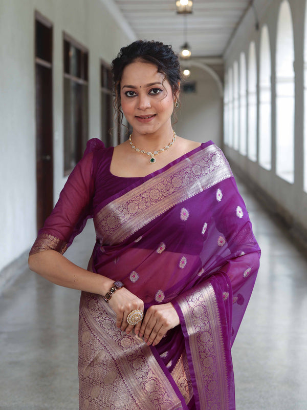 Banarasee Organza Mix Saree With Zari Buta Design & Floral Border-Purple