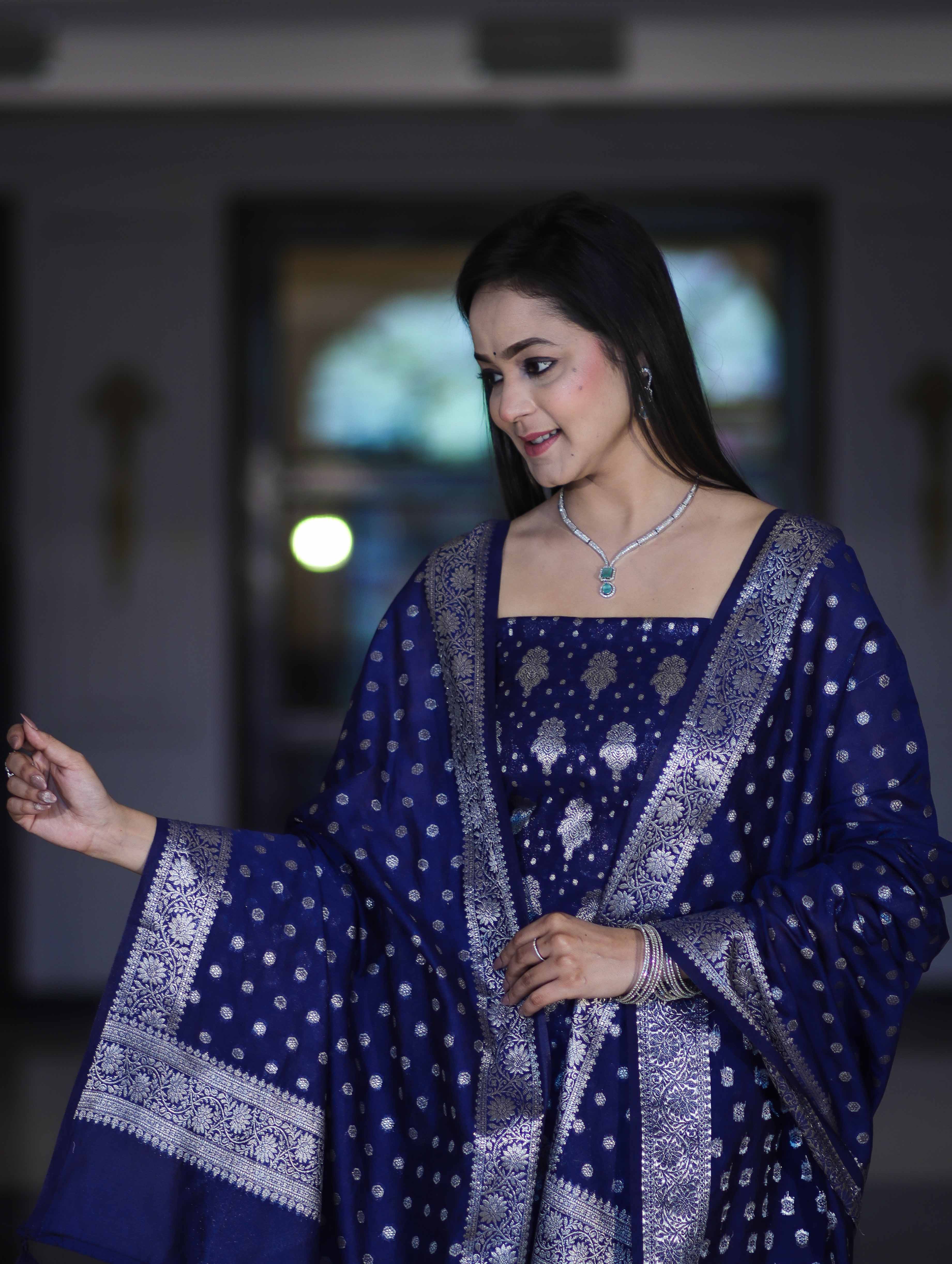 Banarasee Faux Georgette Zari Work Salwar Kameez Fabric With Dupatta Set-Blue