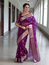 Banarasee Organza Mix Saree With Zari Buta Design & Floral Border-Purple