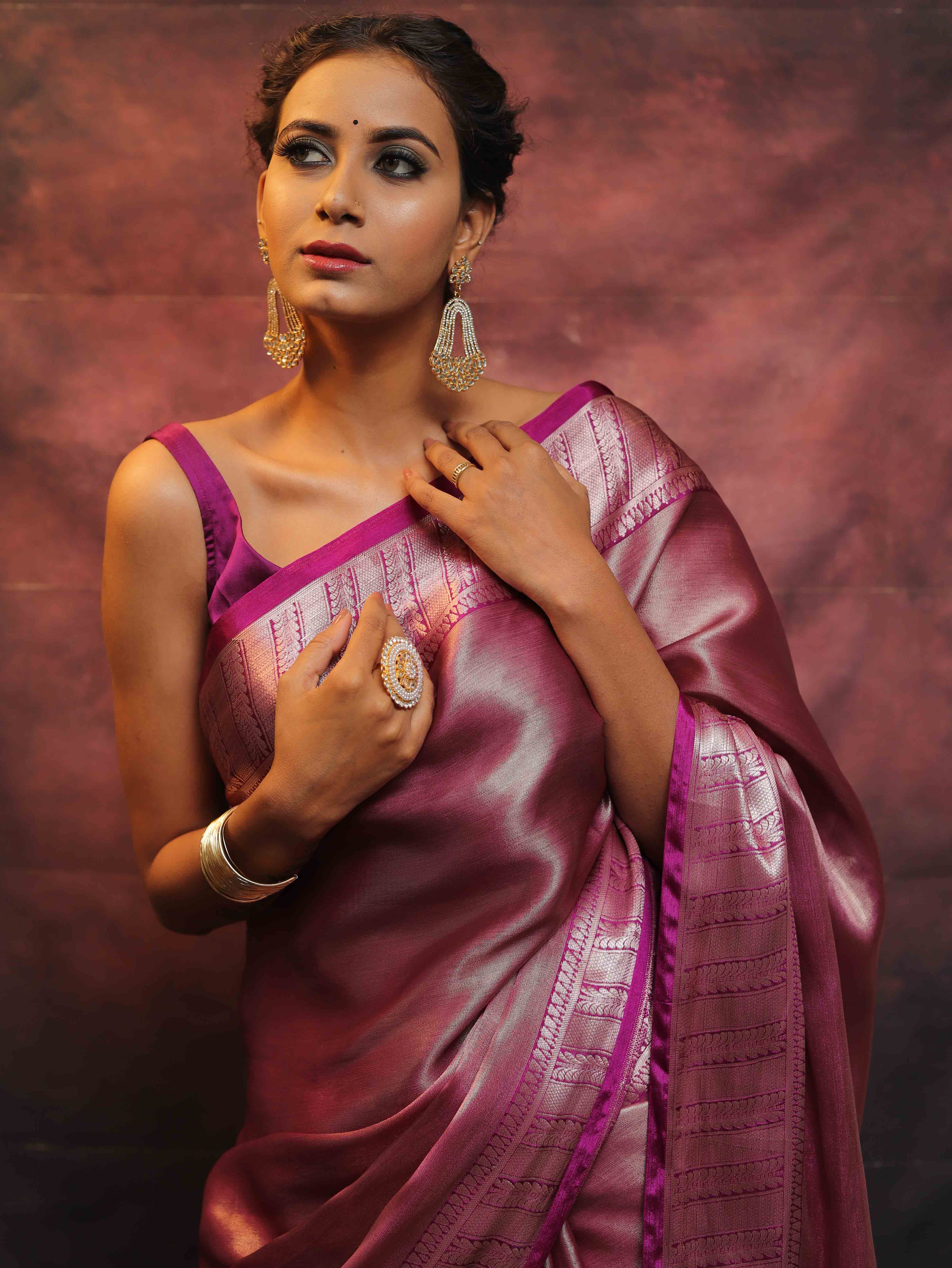 Banarasee Handwoven Tissue Silver Zari Saree-Magenta