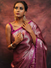 Banarasee Handwoven Tissue Silver Zari Saree-Magenta