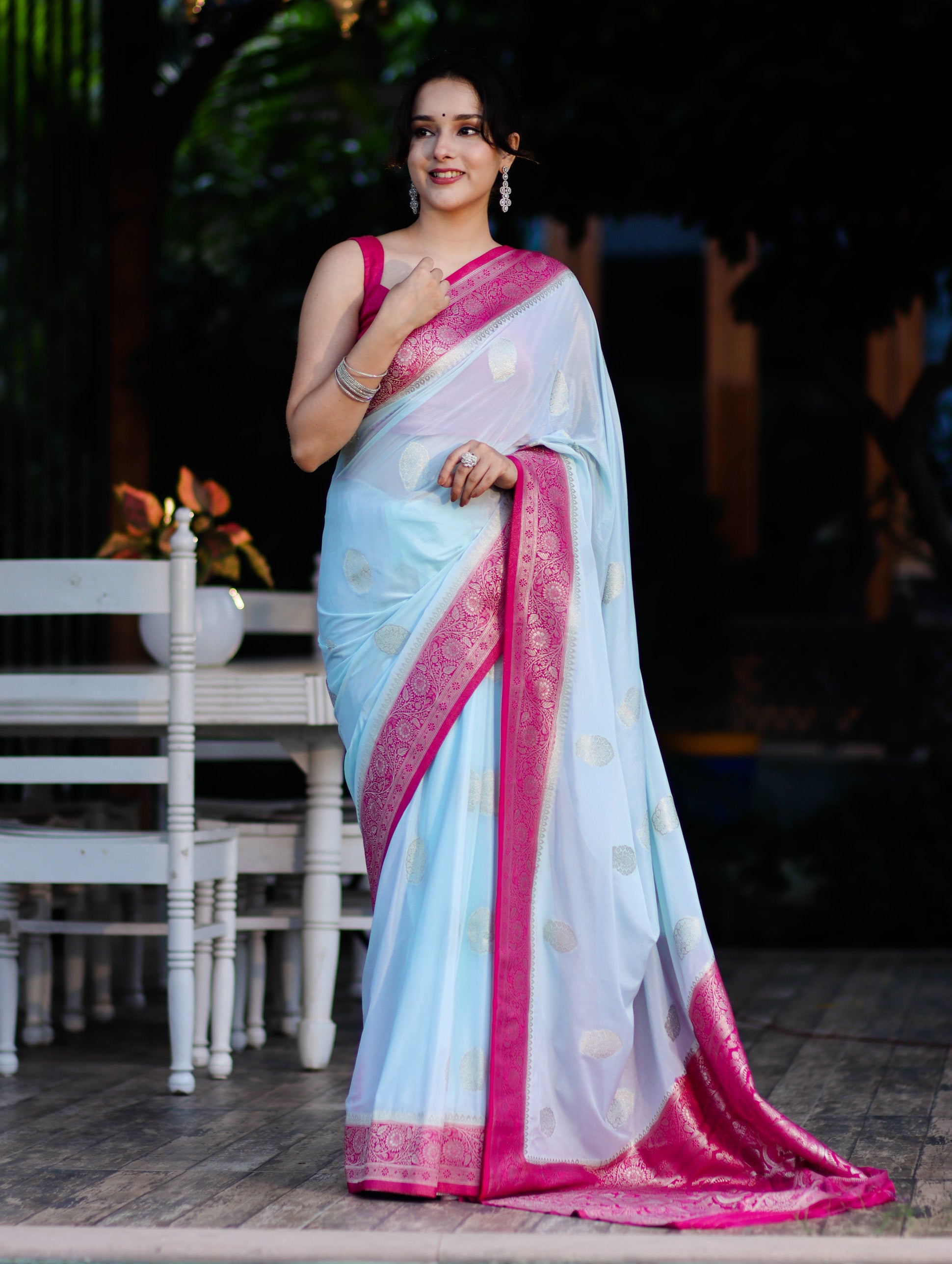 Banarasee Handwoven Chiffon Saree With Zari Buta Work & Contrast Border-Powder Blue