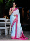 Banarasee Handwoven Chiffon Saree With Zari Buta Work & Contrast Border-Powder Blue