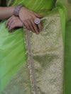 Banarasee Handloom Organza Mix Plain Saree With Zari Border & Lace-Lime Green