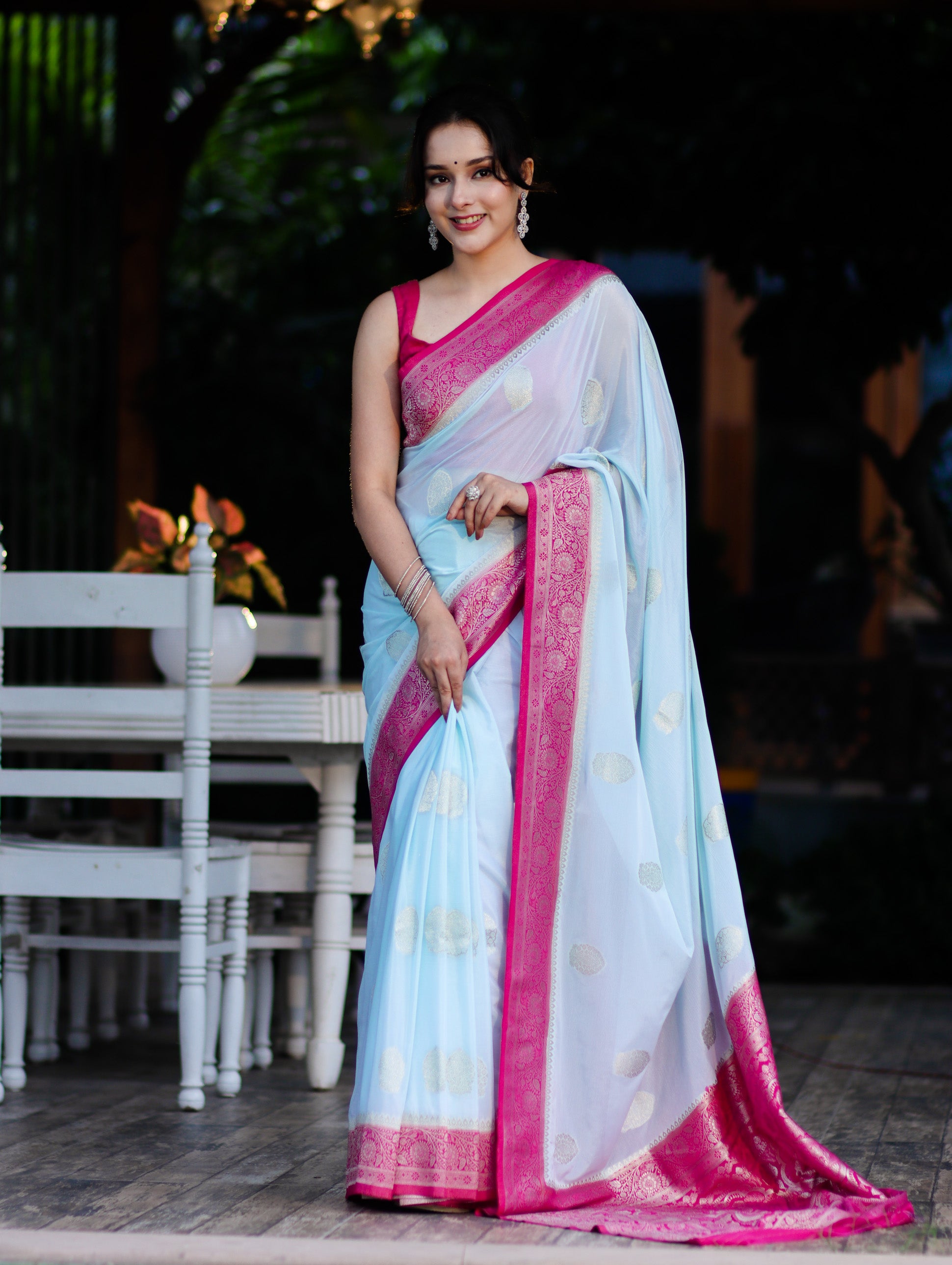 Banarasee Handwoven Chiffon Saree With Zari Buta Work & Contrast Border-Powder Blue