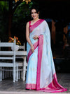 Banarasee Handwoven Chiffon Saree With Zari Buta Work & Contrast Border-Powder Blue