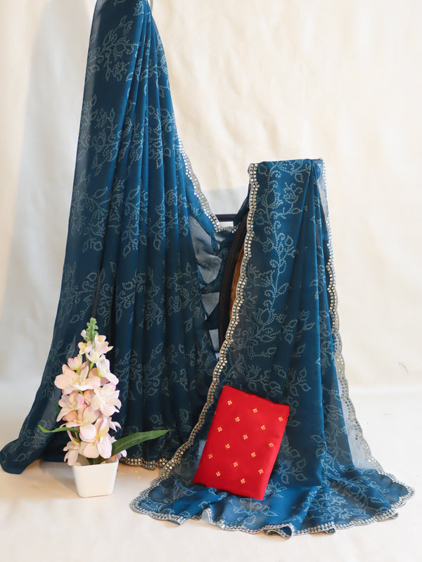 Banarasee Chiffon Bandhani Print Saree & Hand Work With Contrast Blouse-Teal Blue