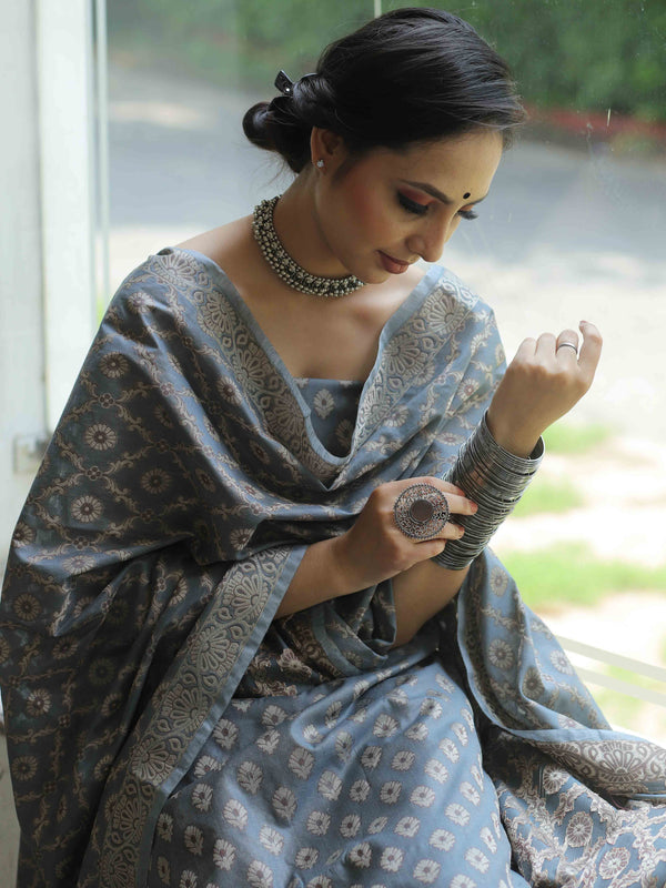 Banarasee Salwar Kameez Cotton Silk Resham Buti Woven Fabric-Grey