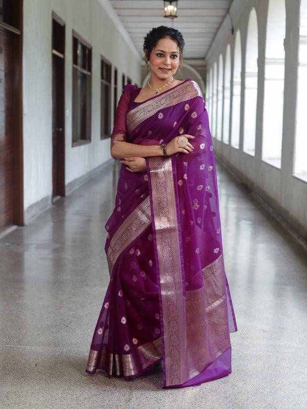 Banarasee Organza Mix Saree With Zari Buta Design & Floral Border-Purple
